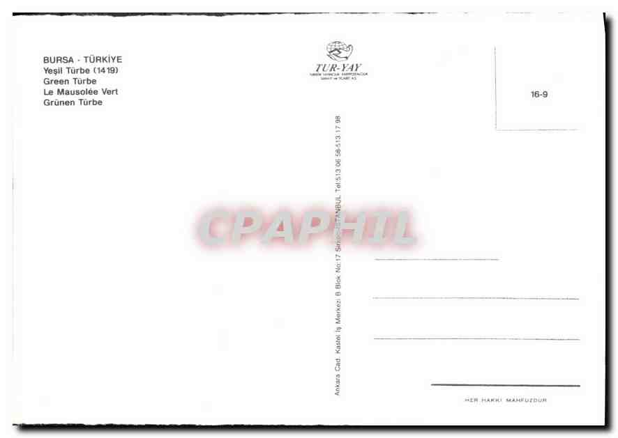 CPM Bursa Turkiye Yesil Turbe 1419  — Verso