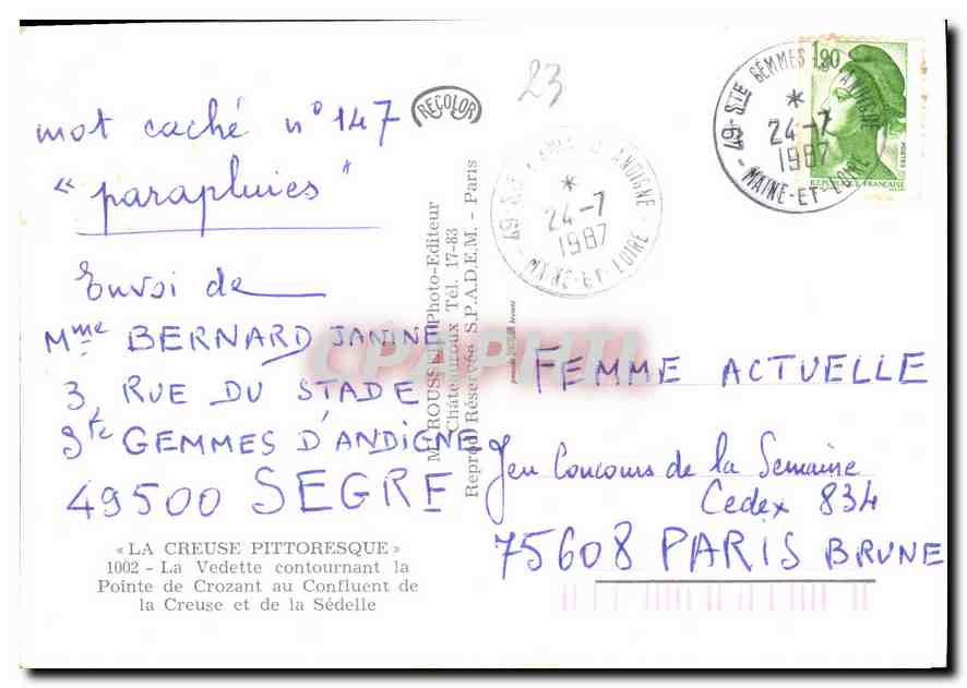 La Vedette contournant la Pointe de Crozant — La Creuse — éditeur REO n°147 — Achterkant