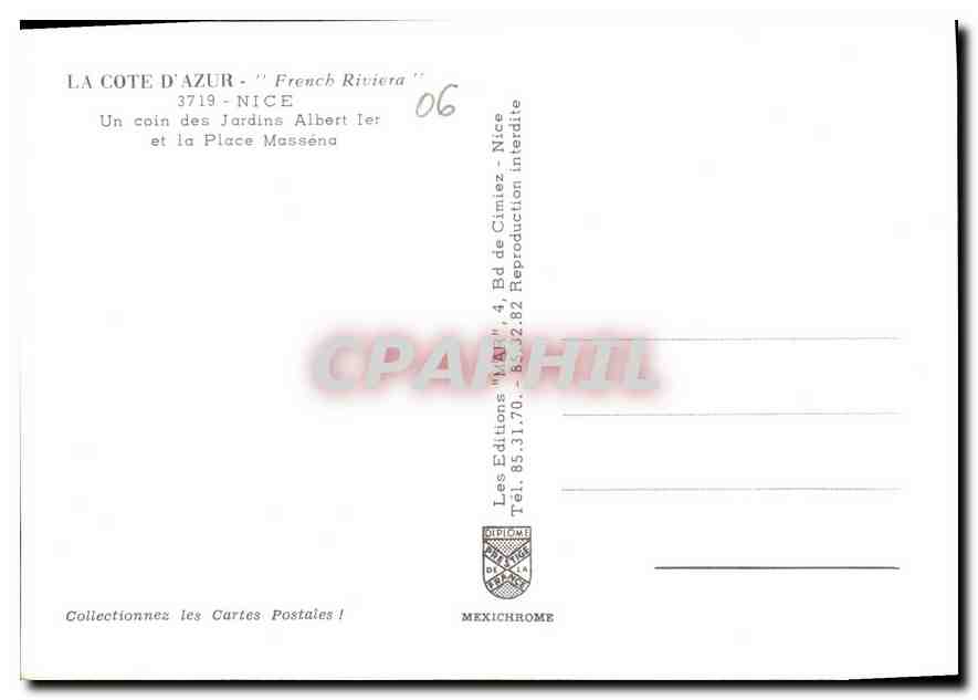 CPM La Cote d'Azur Nice un coin des Jardins Albert Ier et la Place Massena  — Rückseite