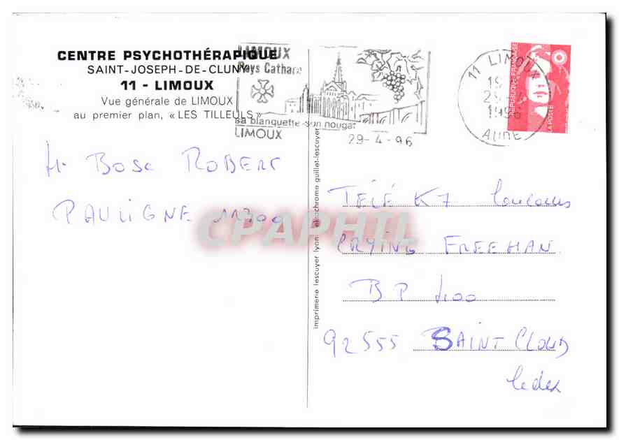 CPM Centre Psychotherapique Saint Joseph de Cluny Limoux vue generale de Limoux au premier Plan les  — Rückseite