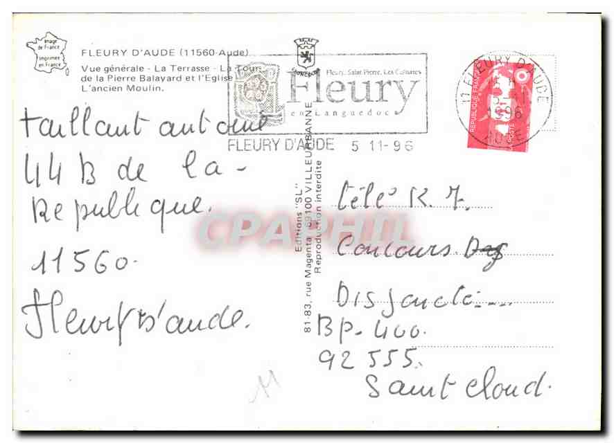 Fleury-d'Aude — Vue générale, La Terrasse, La Tour, L'ancien Moulin — Éditions 'SL' — Rückseite