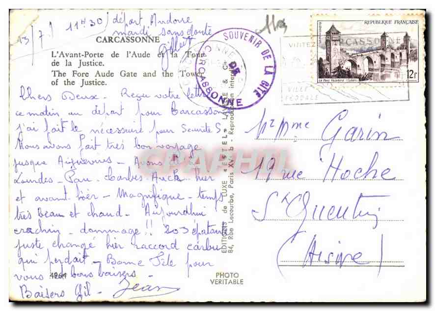 CPM Carcassonne l'Avant Porte de l'Aude et la Tour de la Justice  — Verso