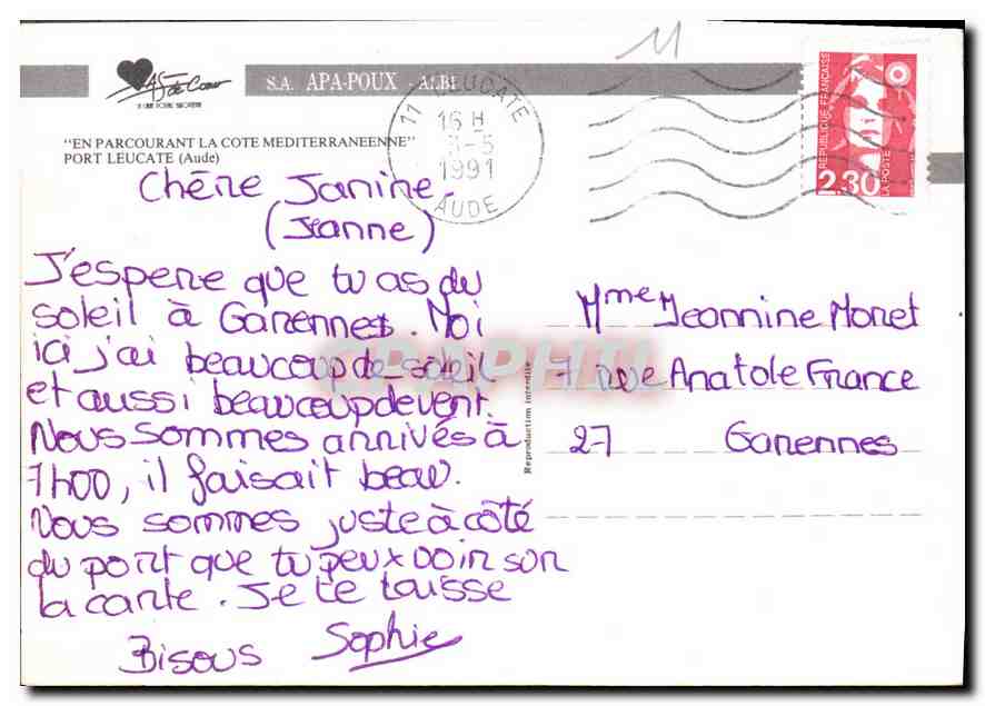 CPM En Parcourant la Cote Mediterraneenne Porte Leucate Aude  — Rückseite