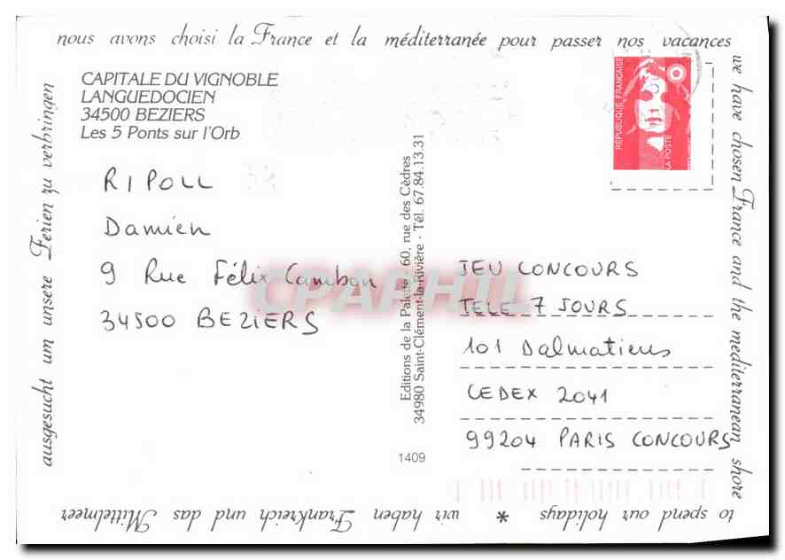 Béziers — vue aérienne du pont et du vignoble — Éditions de la Palme — Verso