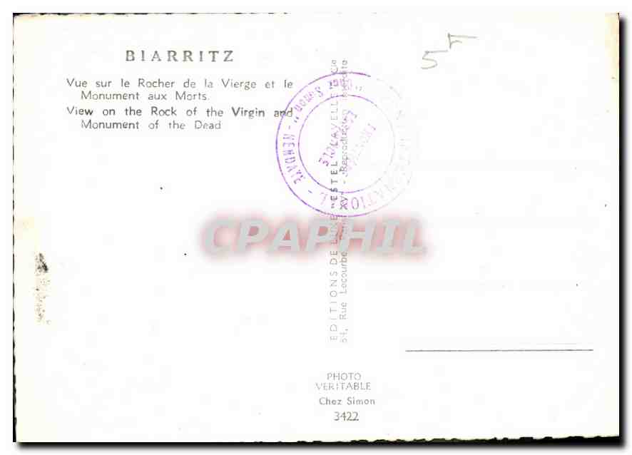 CPM Biarritz vue sur le rocher de la Vierge et le monument aux Morts  — Verso