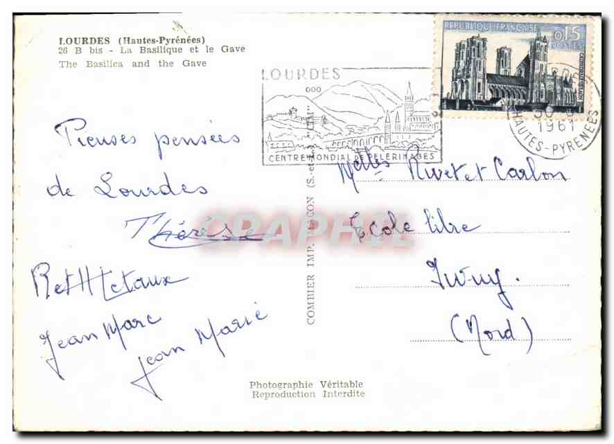 CPM Lourdes Hautes Pyrenees la Basilique et le Gave  — Verso