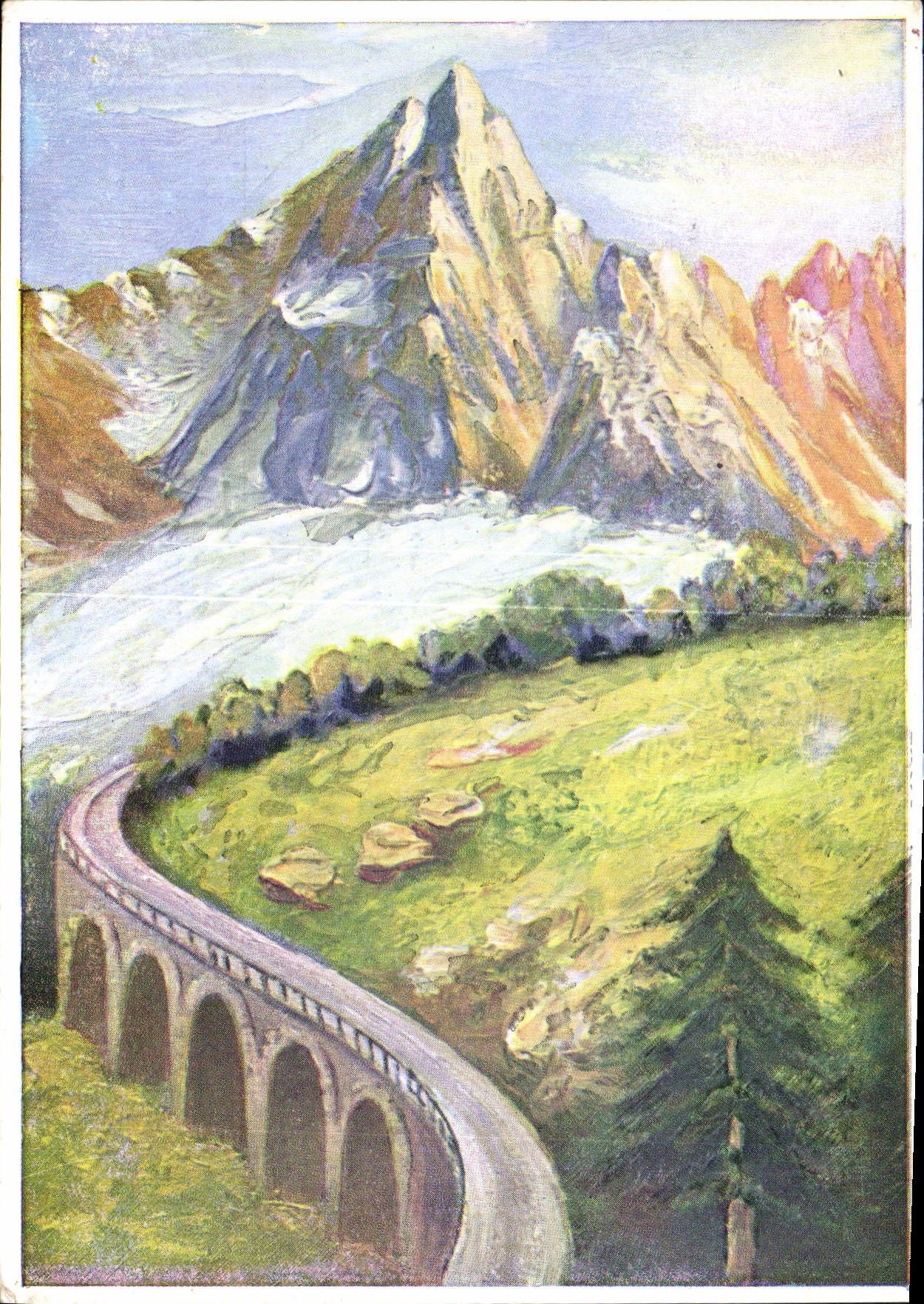 Chamonix - Mont Blanc (Haute Savoie) — Les Aiguilles : Verte et du Drû ; Viaduc du chemin de fer de Montenvers — Office des Grands Infirmes de France, n° 0502