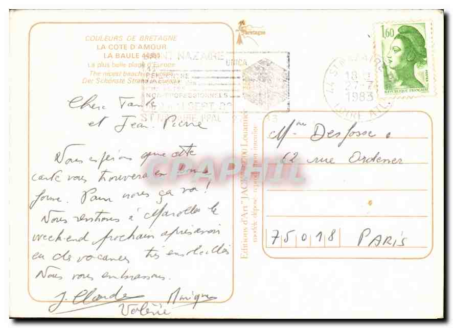La Baule — La plus belle plage d'Europe — Éditions d'Art 'Jacques Zou' — Verso