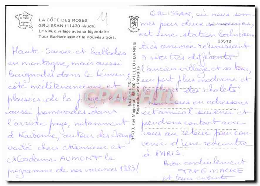 CPM La Cote des Roses Gruissan Aude Le vieux village avec sa legendaire  — Rückseite