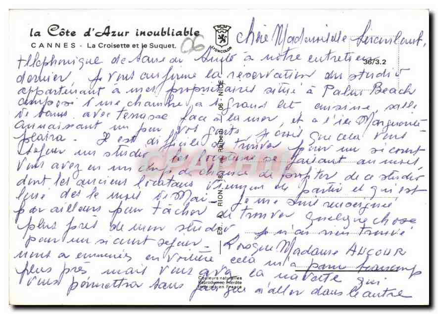 CPM La Cote d'Azur Cannes La Croisette et le Suquet  — Verso