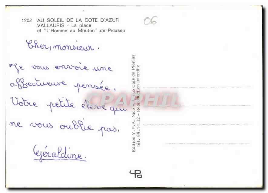 Vallauris - L'Homme au Mouton de Picasso — Édition Y.P.A. Nice — Verso
