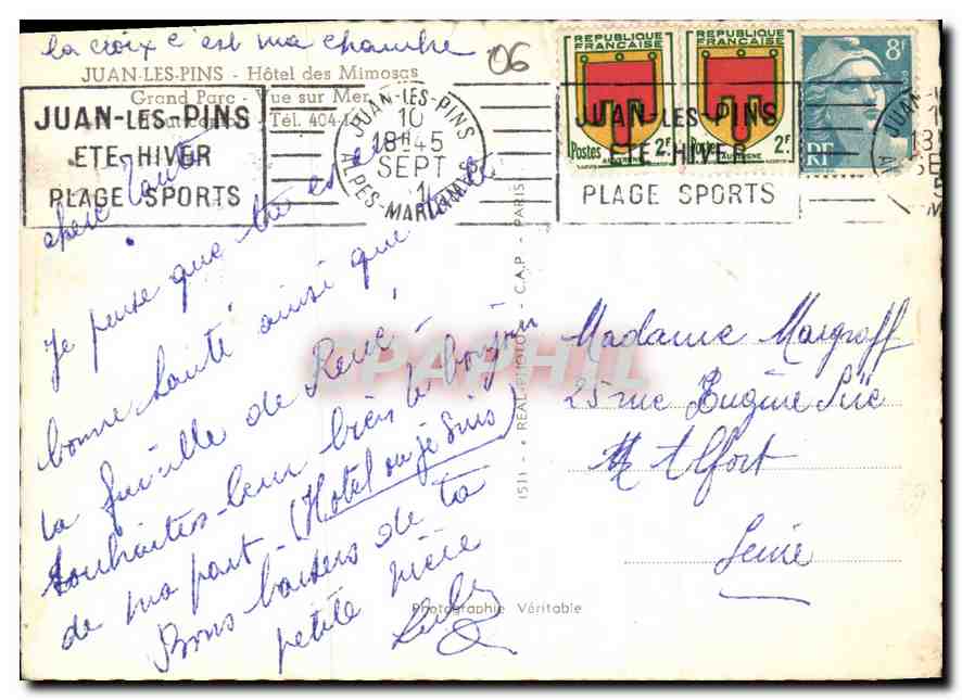CPM Juan les Pins Hotel ds Mimosc Grand Parc Vue sur Mer  — Rückseite