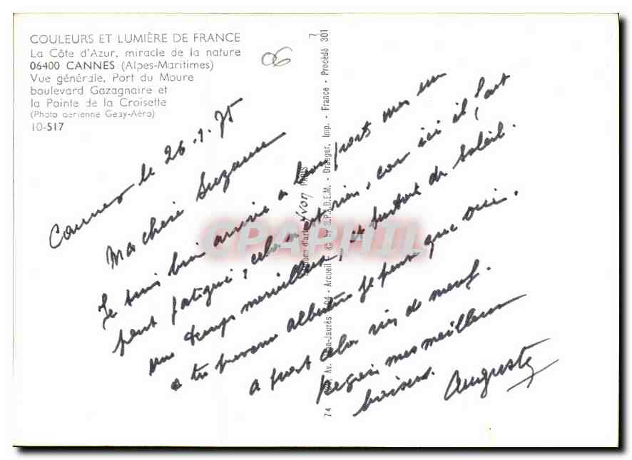 CPM Couleurs et Lumiere de France La Cote d'Azur miracle de la nature Cannes Alpes Maritimes Vue gen — Verso