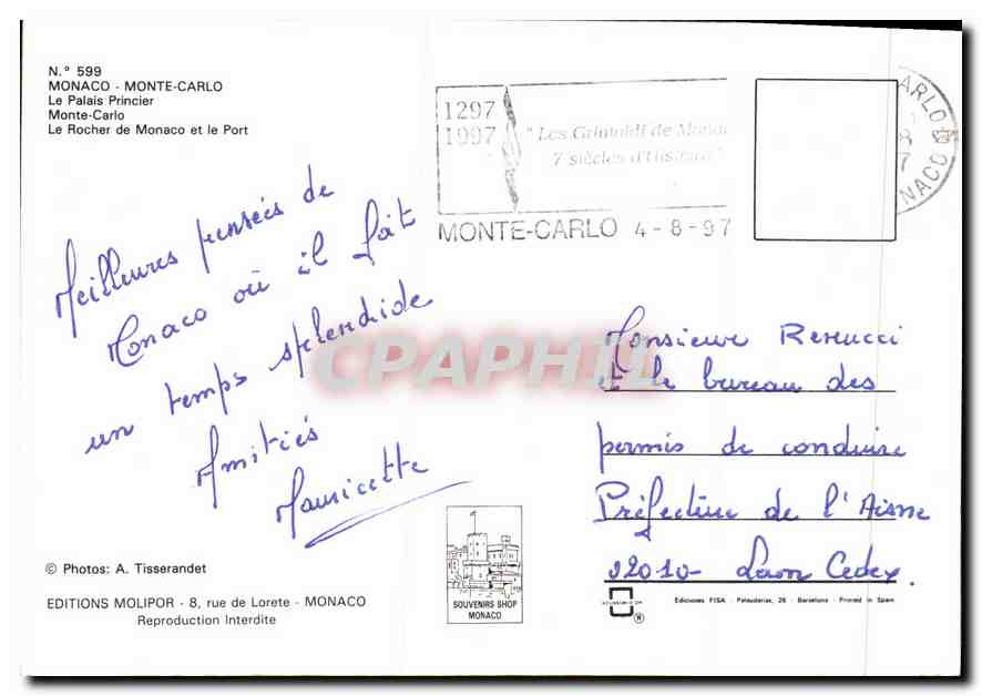 Monaco - Monte-Carlo — Château et vue panoramique — Éditions Molipor — Verso