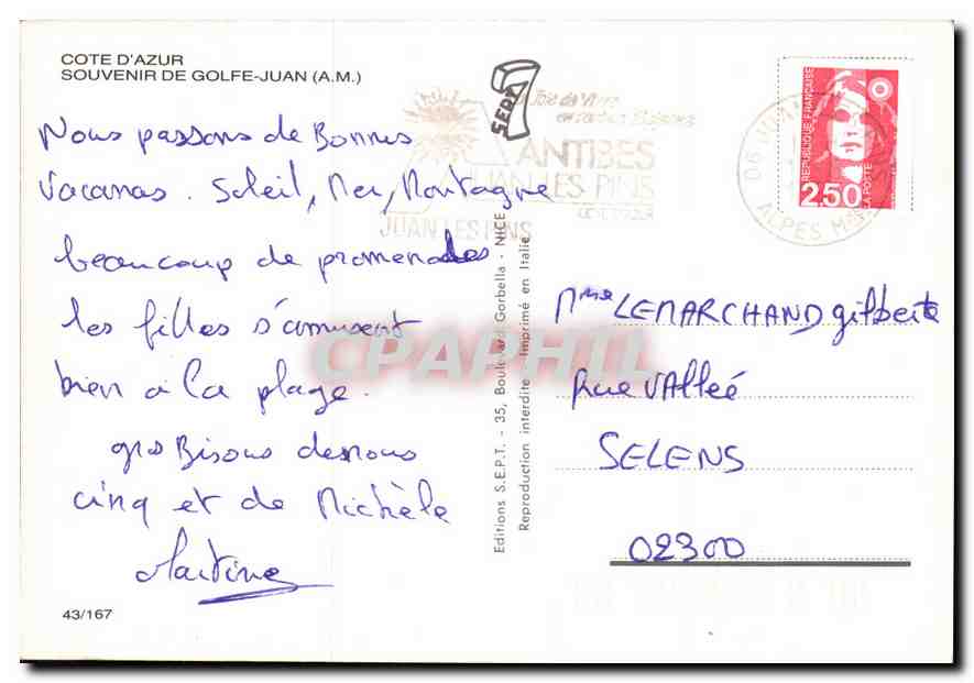 CPM Cote d'Azur Souvenir de Golfe Juan A M  — Rückseite
