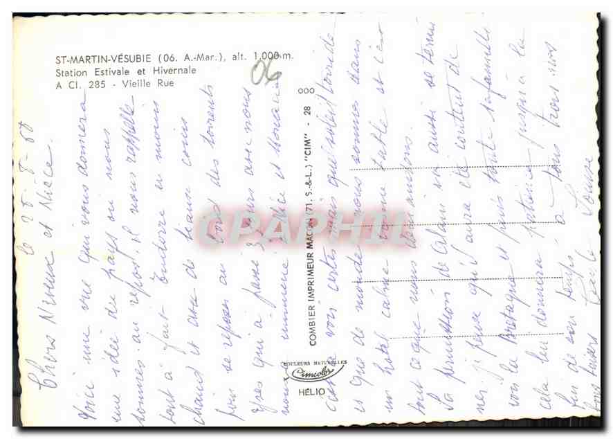 CPM St Martin Vesubie A Mar Station Estivale et Hivernale Vieille Rue  — Rückseite