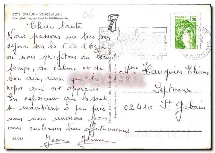 Vence (A.M.) — Vue générale au fond la Méditerranée — Éditions S.E.P.T., 88/212 — Reverso