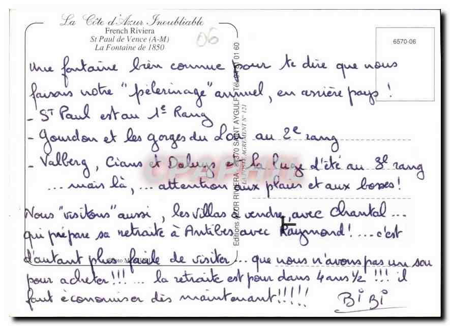 CPM La Cote d'Azur French Riviera St Paul de Vence A M La Fontaine de 1850  — Rückseite