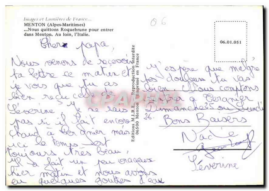 Menton — Vue de la route de Roquebrune — Éditions M.I.R.E. Menton — Verso