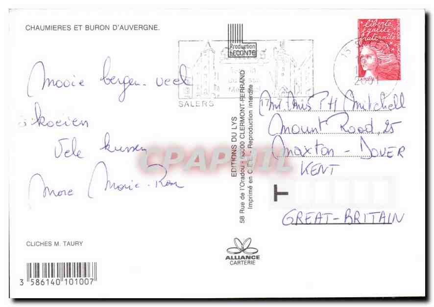 CPM Chaumieres et Buron d'Auvergne  — Verso