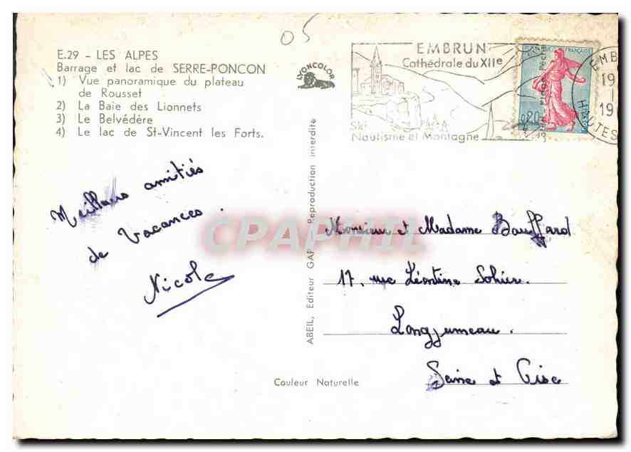 CPA Les Alpes Barrage et lac de Serre Poncon de Rousset La Baie des Liannets Le Belvedere Le Lac de  — Rückseite