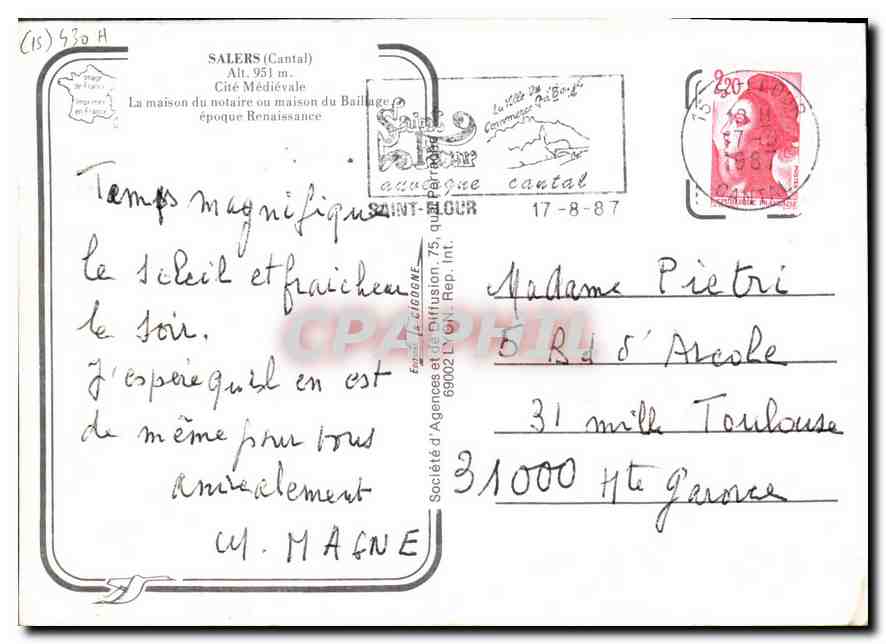 CPA Salers Cantal Cite Medievale La maison du Notaire  — Rückseite