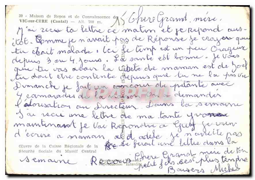 CPM Maison de Repos et de Convalescente de Vic sur Cere Cantal  — Rückseite