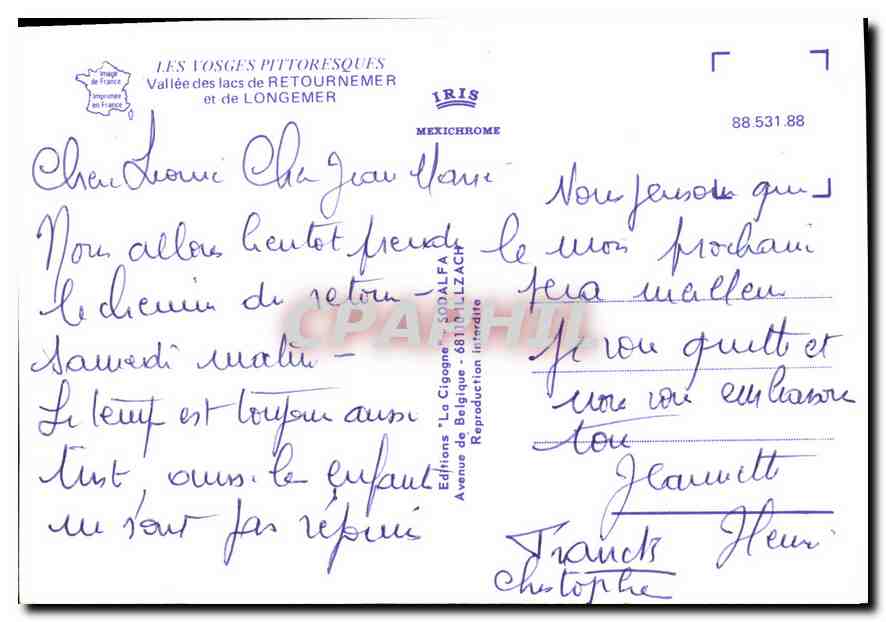 CPM Les Vosges pittoresque vallee des lacs de Retournemer et de Longemer  — Rückseite