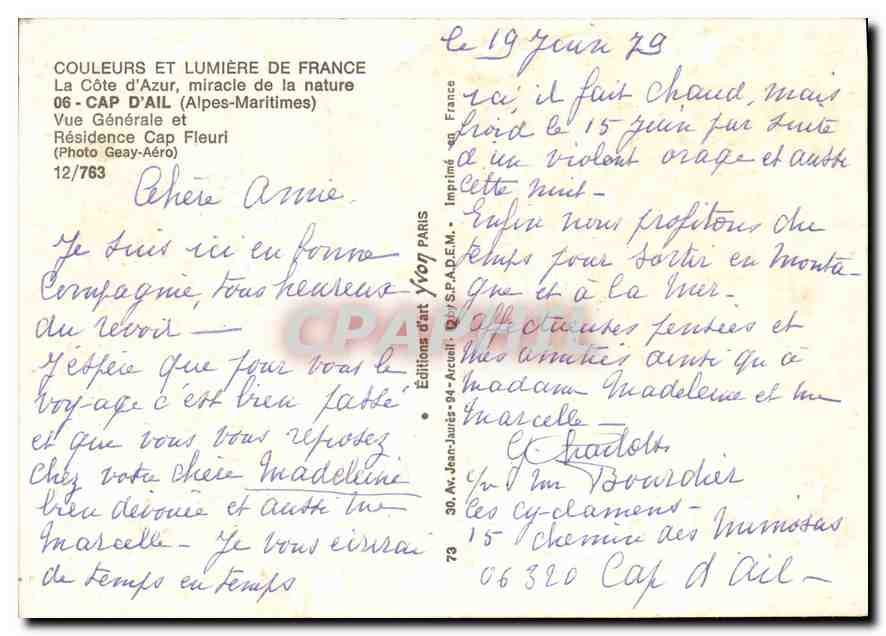 Cap d'Ail — General View and Residence Cap Fleurî — Éditions d'art Yvon Paris — Back