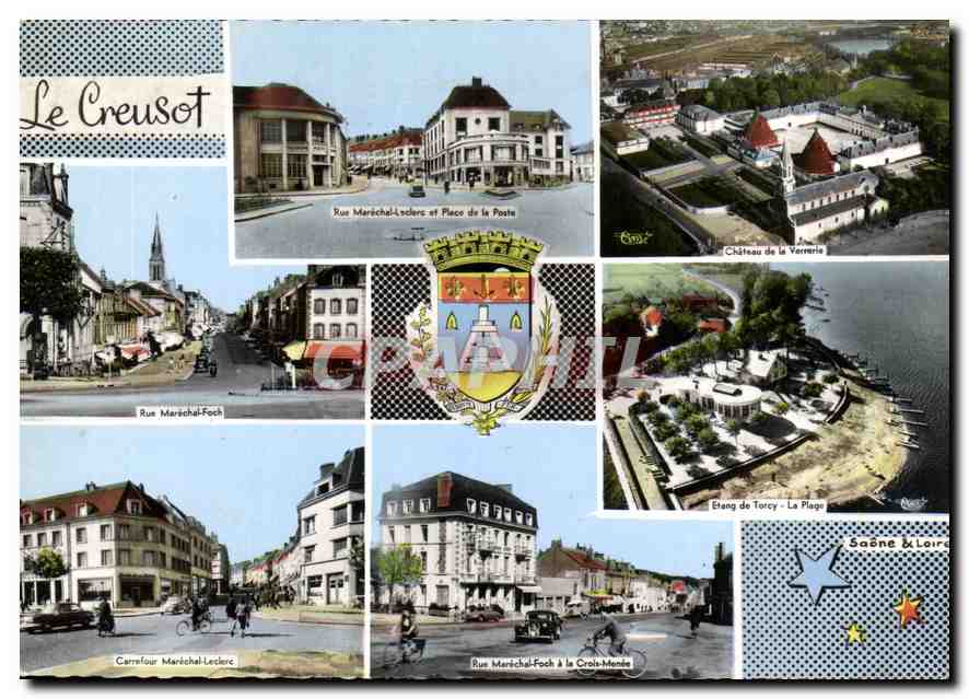 Le Creusot — Vue panoramique avec rue Maréchal-Leclerc, place de la Poste, château de la Verrière, étang de Torcy — éditeur Saône & Loire