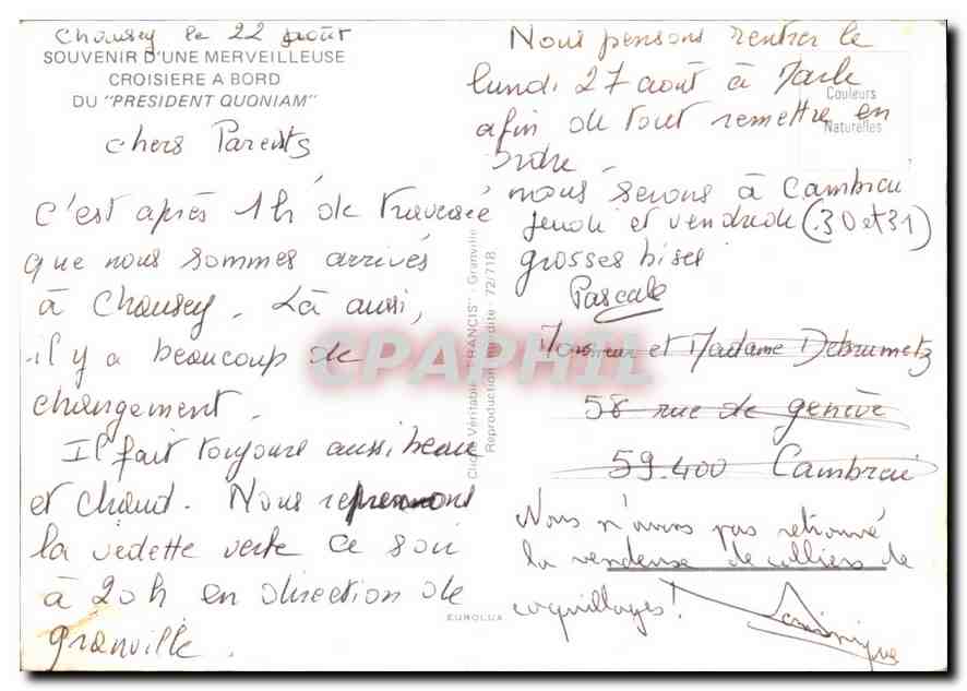 CPM Souvenir d'une merveilleuse Croisiere a bord du President Quoniam Bateau — Back