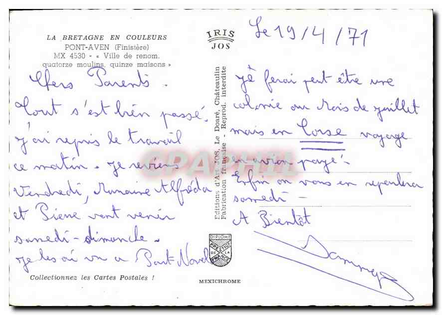 CPM La Bretagne en Couleurs Pont Aven Finistere ville de renom quatarze moulins quinze maisons  — Rückseite
