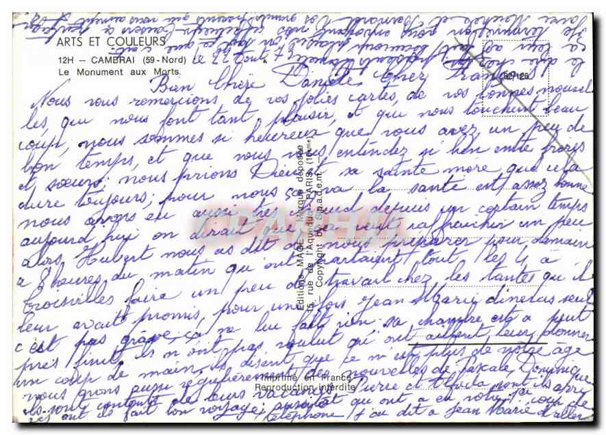 CPM Ars et couleurs Cambrai Nord le monument aux Morts  — Rückseite