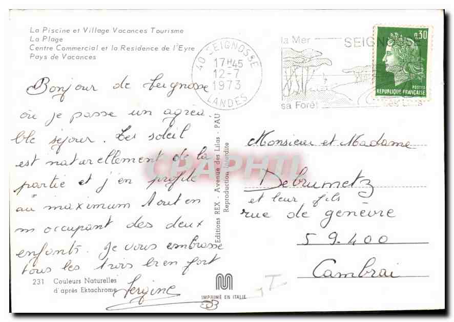 CPM La Piscine et Village Vacances Tourisme La Plage centre Commercial et la Residence de l'Eyre Pay — Rückseite