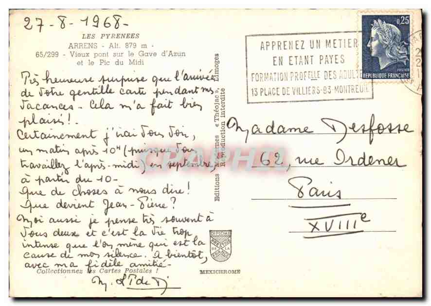CPM Les Pyrenees Arrens vieux pont sur le Gave d'Azun et le Pic du Midi  — Rückseite