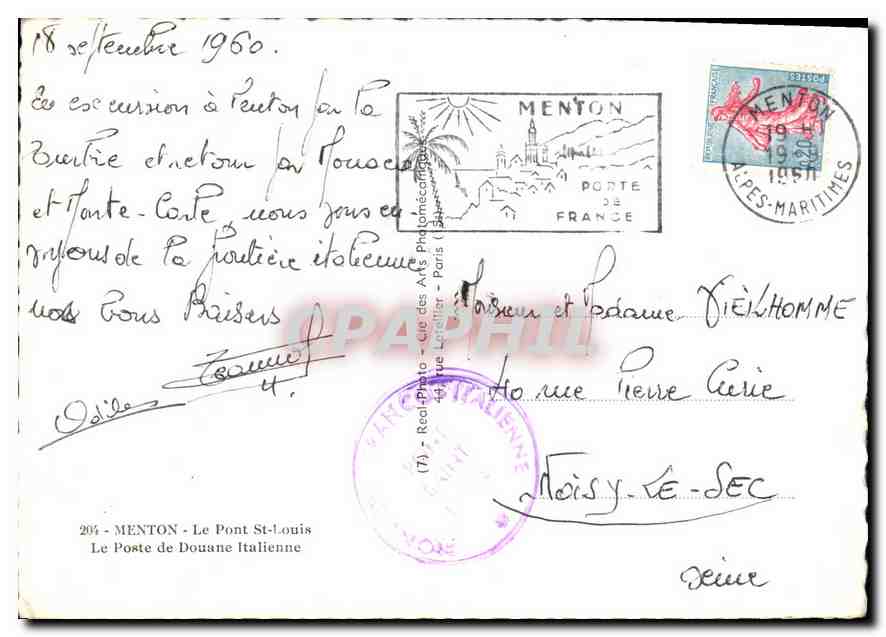 CPM Menton le Pont St Louis le Poste de Douane Italienne  — Rückseite