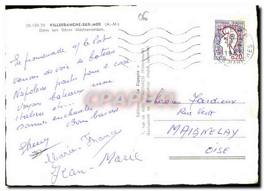 Vue de Villefranche-sur-Mer — Éditeur La Cigogne, n° 06.159.70 — Verso