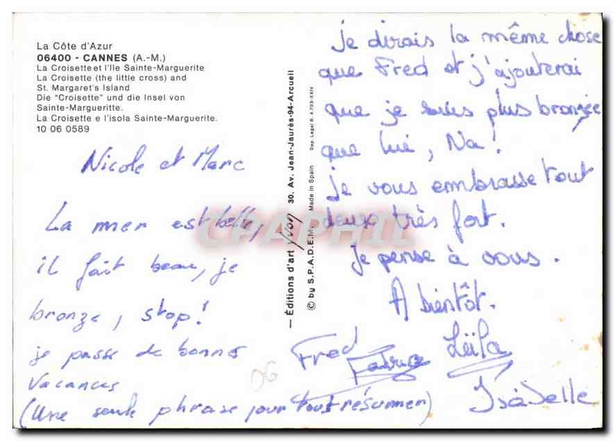 CPM La Cote d'Azur Cannes A M La Croisette et l'Ile Sainte Marguerite  — Rückseite