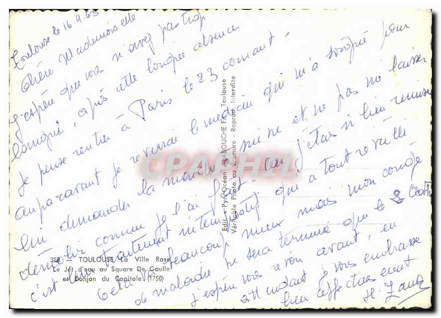 Toulouse - Le Jé d'eau au Square De Gaulle et Donjon du Capitole (1750) — Éditeur Pyrénées - Rapport Interdit — Verso