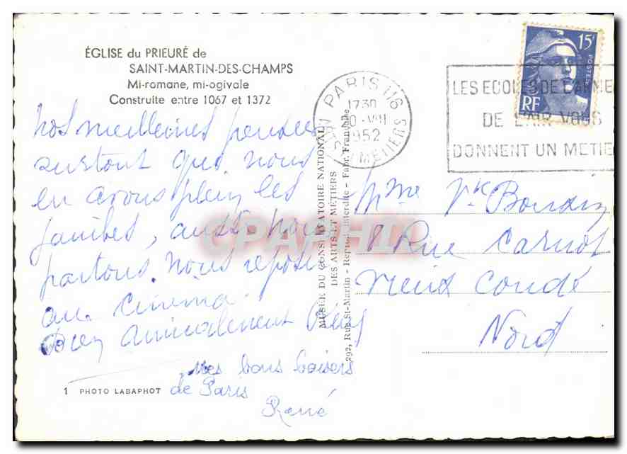 CPM Eglise du Prieure de Sain Martin des Champs Mi romane mi ogivale  — Verso