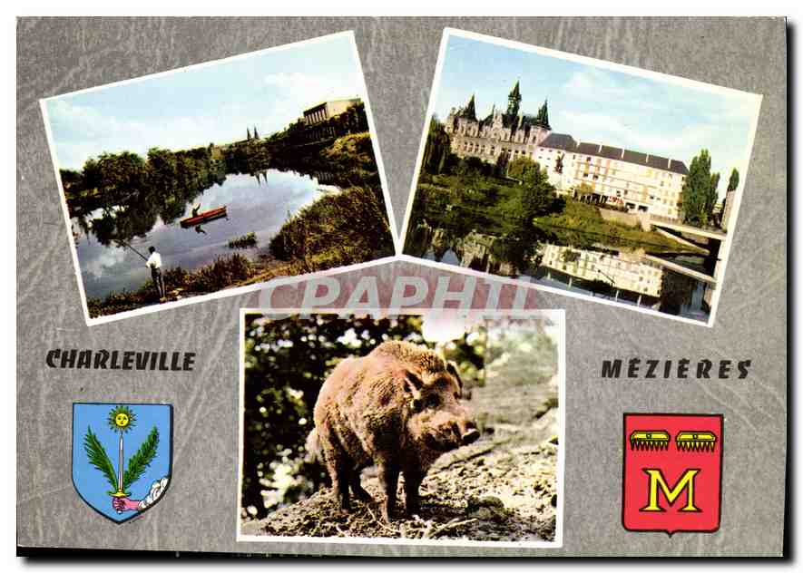 CPM Charleville Mezieres Ardennes le Sanglier la Meuse au uai du Moulinet la Meuse et l'Hotel de vil