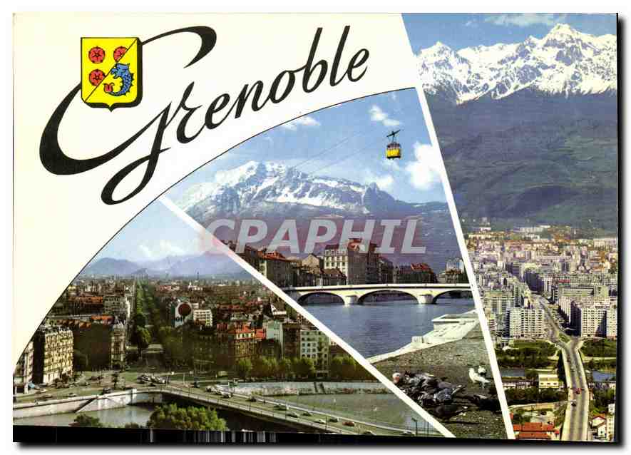 Grenoble — vue panoramique avec montagnes enneigées, téléphérique et pont sur le Drac — éditeur SPADEM, n° 38 AB 50