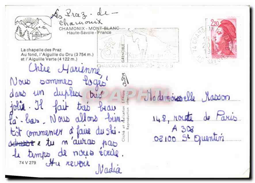 CPM Chamonix Mont Blanc Haute Savoie France la Chapelle des praz au fond l'aiguille du Dru et l'aigu — Verso