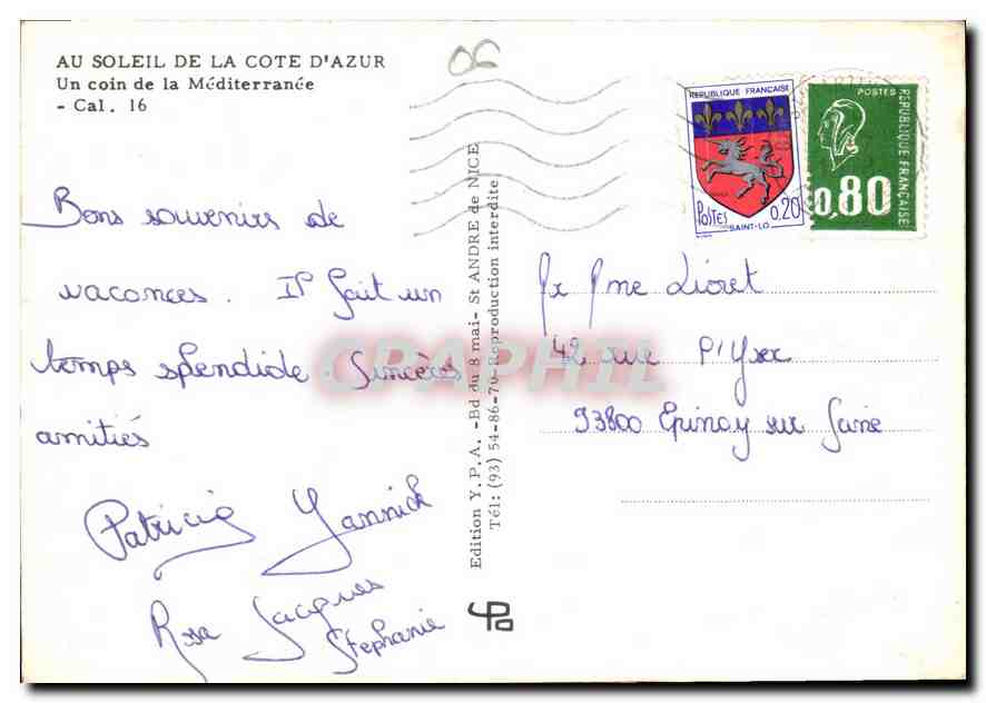 Vue de la Côte d'Azur — Un coin de la Méditerranée — Cal. 16 — Édition Y.P.A. — Reverso