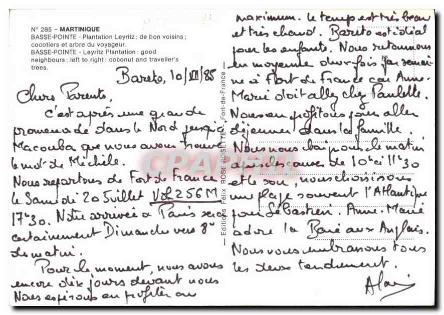 CPM Martinique Basse Pointe Plantation Leyritz de bon voisins cocotiers et arbre du voyageur  — Rückseite