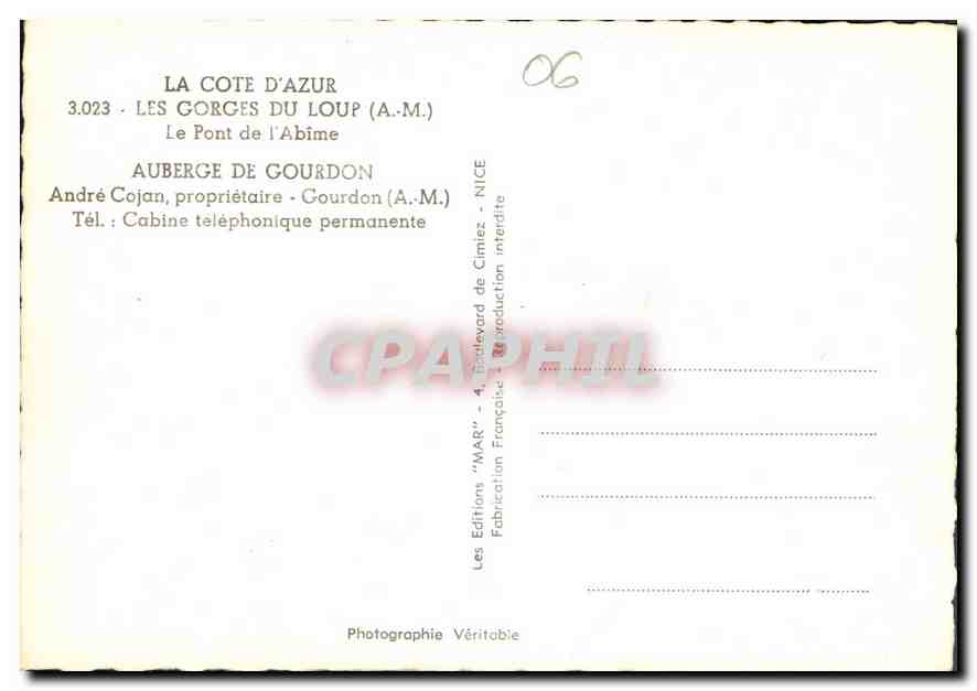 Les Gorges du Loup — Le Pont de l'Abime — Éditions 'M.A.R.' — Rückseite