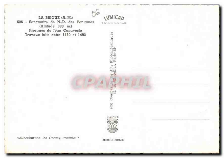 CPM La Brigue A M Sanctuaire de N D des Fontaines Fresques de Jean Canavesio  — Rückseite