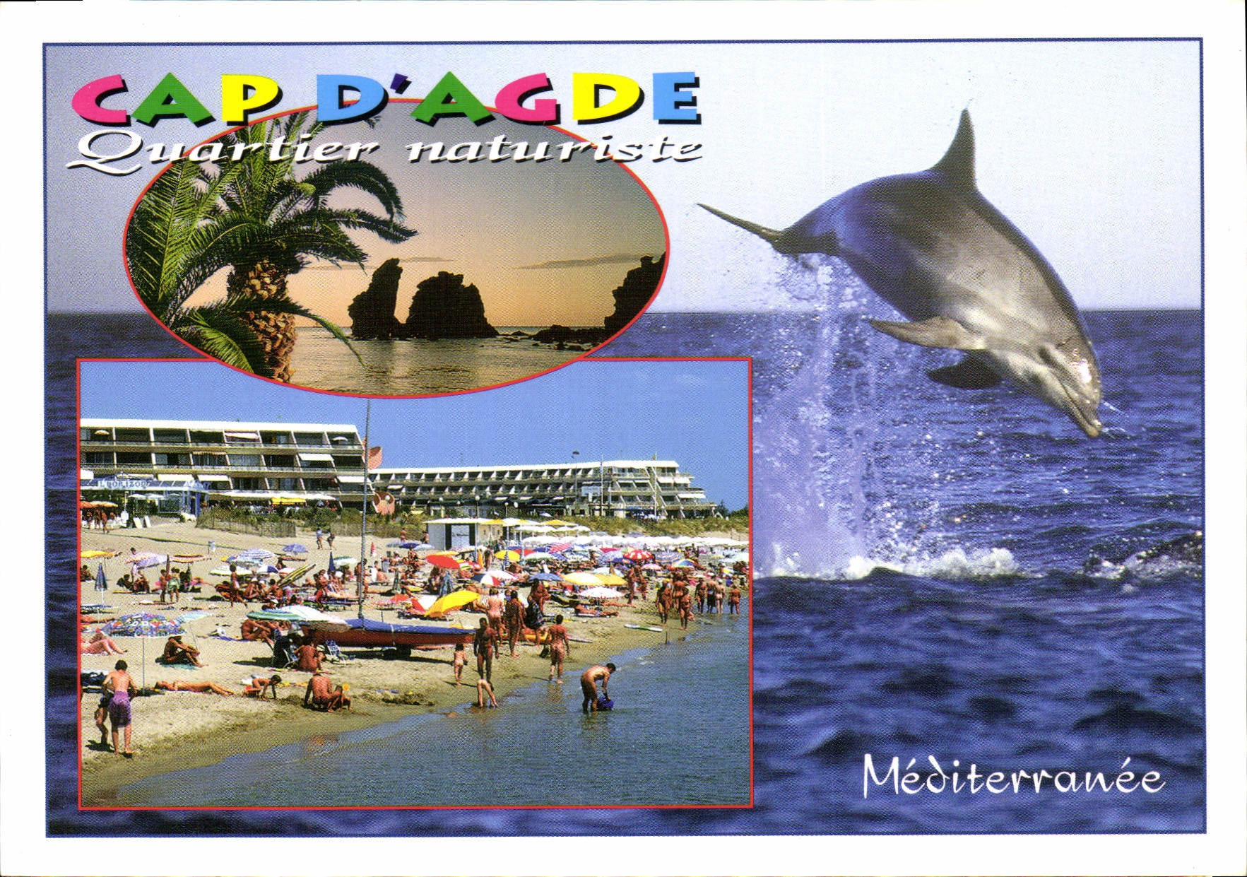 CPM Cap d'Agde Station balneaire de la Mediterranee Quarier naturiste Aurore sur les rochers des Deu