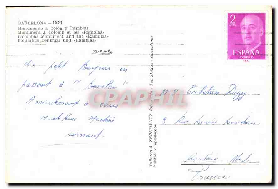 CPM Barcelona Monument a Colomb et les Ramblas Bateau — Verso