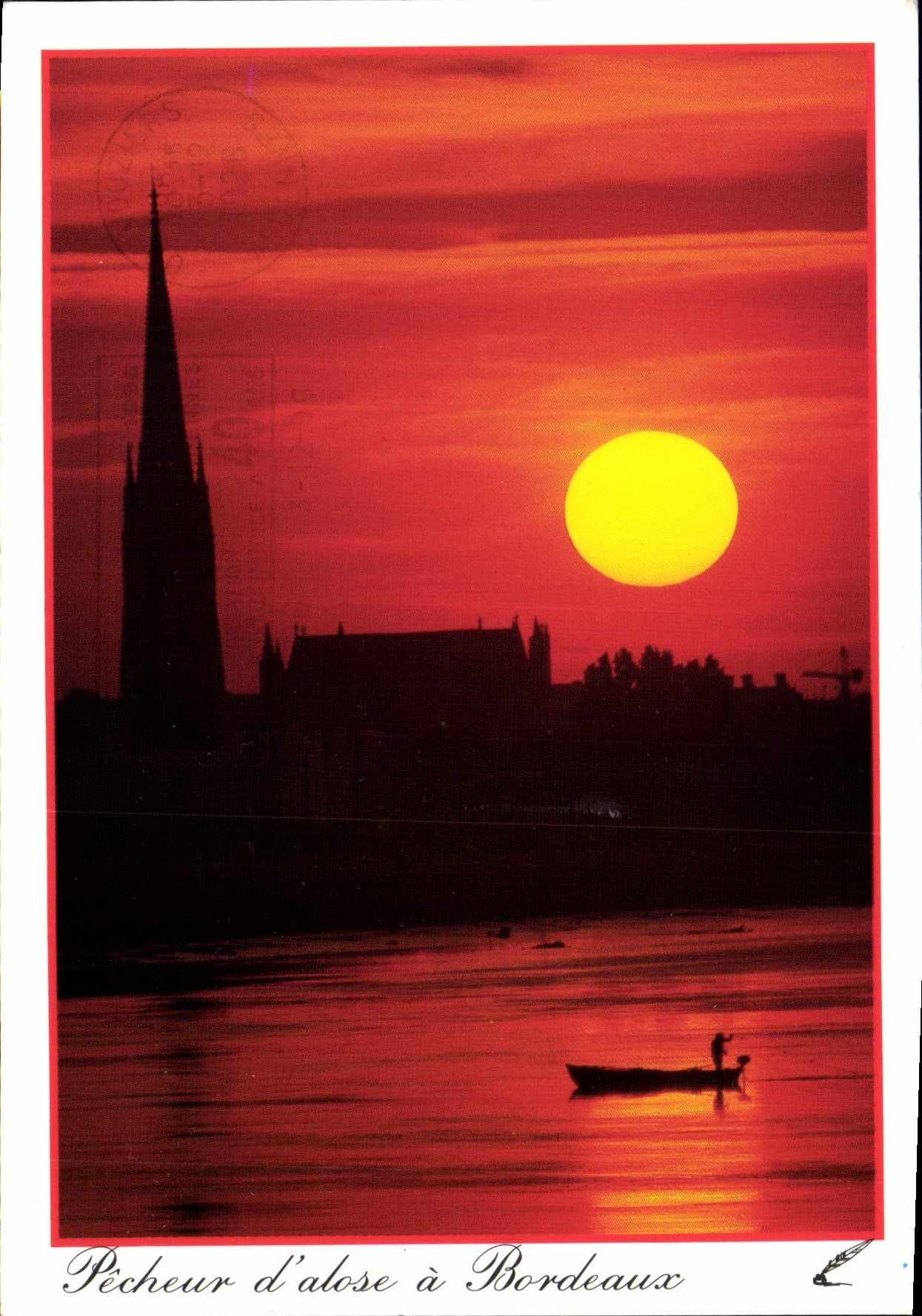 Pêcheur d'alose à Bordeaux — scène de coucher de soleil avec église — Harmonie, création Jean-François Téoulé